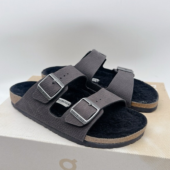 Birkenstock Arizona Shearling Synthetics Desert Dust Black Sandal Womens EU 41